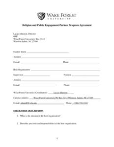 Religion and Public Engagement Partner Program Agreement Lucas Johnston, Director RPE Wake Forest University, Box 7212 Winston-Salem, NC 27109