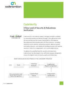 CodeVerify A New Level of Security & Robustness Verification Codenomicon is the industry leader in bringing strength in visibility to connected systems and devices through a next-generation suite of tools and services th