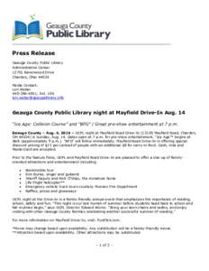______________________________________________________________________  Press Release Geauga County Public Library Administrative CenterRavenwood Drive