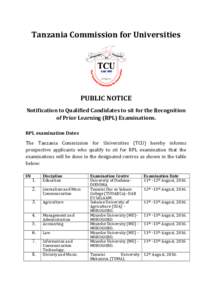 Tanzania Commission for Universities  PUBLIC NOTICE Notification to Qualified Candidates to sit for the Recognition of Prior Learning (RPL) Examinations. RPL examination Dates