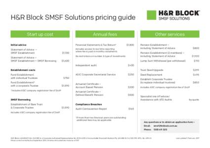 H&R Block SMSF Solutions pricing guide Start up cost Annual fees  Initial advice