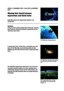 HEIC0211: EMBARGOED UNTIL: 15:00 (CET) 18 NOVEMBER, 2002 Missing link found between supernovae and black holes Draft VNR script A-roll. Approximate duration 3:15.