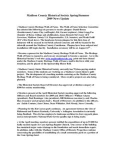 Madison County Historical Society Spring/Summer 2009 News Update