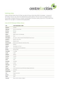 Defining cities Unless otherwise stated, Centre for Cities uses data for Primary Urban Areas (PUA) in its analysis – a measure of the “built-up” area of a city, rather than individual local authority districts. PUA