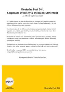 Deutsche Post DHL Corporate Diversity & Inclusion Statement All different, together successful As a global company we value the diversity of our employees as a genuine strength. Our organization brings together people fr