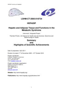 HEPADIP Summary and highlights  LSHM-CTHEPADIP Hepatic and Adipose Tissue and Functions in the Metabolic Syndrome