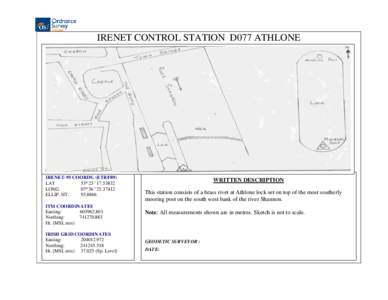IRENET CONTROL STATION D077 ATHLONE  IRENET-95 COORDS. (ETRF89) LAT 53 25’ LONG.