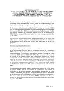 Joint Declaration by the Government of the Principality of Liechtenstein and Her Majesty´s Revenue and Customs Concerning the Memorandum of Understanding Relating to Cooperation in Tax Matters Signed on 11 August 2009