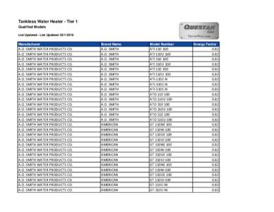 Tankless Water Heater - Tier 1 Qualified Models List Updated - List UpdatedManufacturer