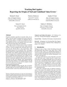 Tracking Bad Apples: Reporting the Origin of Null and Undefined Value Errors ∗ Michael D. Bond Nicholas Nethercote