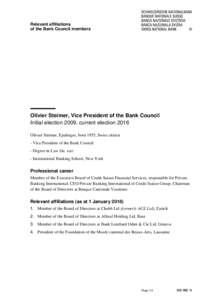 Relevant affiliations of the Bank Council members Olivier Steimer, Vice President of the Bank Council Initial election 2009, current election 2016 Olivier Steimer, Epalinges, born 1955, Swiss citizen