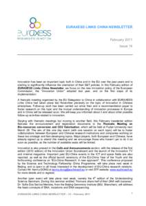 EURAXESS LINKS CHINA NEWSLETTER  February 2011 Issue 14  Innovation has been an important topic both in China and in the EU over the past years and is