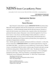 NEWS from CavanKerry Press	
   	
   6 Horizon Road No. 2901 • Fort Lee, New Jersey 07024 •  • fax •  FOR IMMEDIATE RELEASE Contact: Florenz Eisman — 
