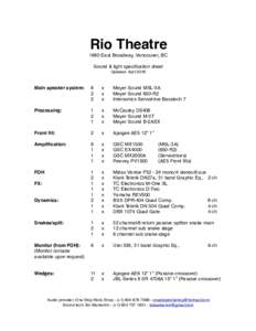 Rio Theatre 1660 East Broadway, Vancouver, BC Sound & light specification sheet Updated: AprilMain speaker system: