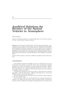 1  Analitical Solutions for Reentry of the Spatial Vehicles in Atmosphere MIHAI POPESCU