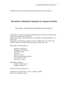 Language and Biological Adaptation 1  Classification: Social Sciences (Psychology); Biological Sciences (Evolution) Restrictions on Biological Adaptation in Language Evolution