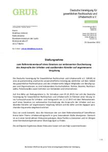 Deutsche Vereinigung für gewerblichen Rechtsschutz und Urheberrecht e.V. Stellungnahme Konrad-Adenauer-Ufer 11 RheinAtrium