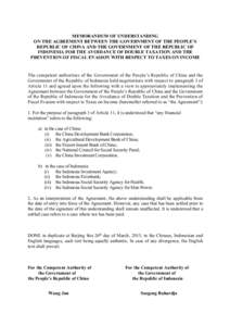 MEMORANDUM OF UNDERSTANDING ON THE AGREEMENT BETWEEN THE GOVERNMENT OF THE PEOPLE’S REPUBLIC OF CHINA AND THE GOVERNMENT OF THE REPUBLIC OF INDONESIA FOR THE AVOIDANCE OF DOUBLE TAXATION AND THE PREVENTION OF FISCAL EV
