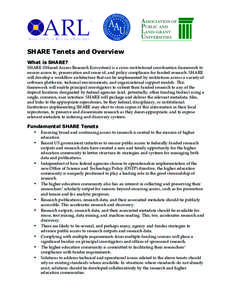 SHARE Tenets and Overview What is SHARE? SHARE (SHared Access Research Ecosystem) is a cross-institutional coordination framework to ensure access to, preservation and reuse of, and policy compliance for funded research.