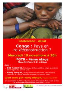 Conférence - débat  Congo : Pays en re-déconstruction ? Mercredi 19 novembre à 20h FGTB - 4ème étage
