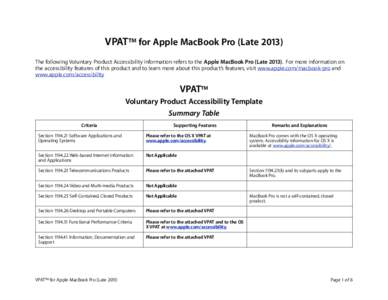 VPAT™ for Apple MacBook Pro (Late[removed]The following Voluntary Product Accessibility information refers to the Apple MacBook Pro (Late[removed]For more information on the accessibility features of this product and to l