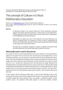 Full paper submitted for Mathematics Education and Contemporary Theory 3 Wordcountincluding title page and referencesThe concept of Culture in Critical Mathematics Education Brendan Larvor (