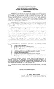 GOVERNMENT OF PUDUCHERRY CHIEF SECRETARIAT (ENVIRONMENT) (G.O.Ms. NoEnvt. DatedNOTIFICATION WHEREAS the draft notification was issued by the Lieutenant – Governor, Puducherry in exercise of powers