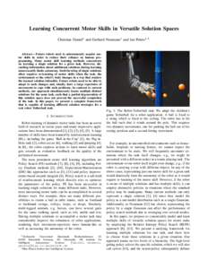 Learning Concurrent Motor Skills in Versatile Solution Spaces Christian Daniel1 and Gerhard Neumann1 and Jan Peters1,2 Abstract— Future robots need to autonomously acquire motor skills in order to reduce their reliance