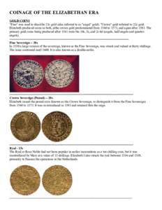 COINAGE OF THE ELIZABETHAN ERA GOLD COINS 
