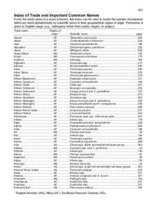 451  Index of Trade and Important Common Names If only the trade name of a wood is known, this index can be used to locate the species descriptions which are listed alphabetically by scientiﬁc name in their geographica
