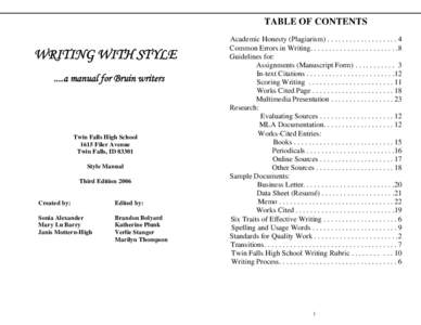 TABLE OF CONTENTS  WRITING WITH STYLE ....a manual for Bruin writers  Twin Falls High School