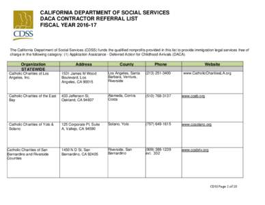 CALIFORNIA DEPARTMENT OF SOCIAL SERVICES DACA CONTRACTOR REFERRAL LIST FISCAL YEARThe California Department of Social Services (CDSS) funds the qualified nonprofits provided in this list to provide immigration l