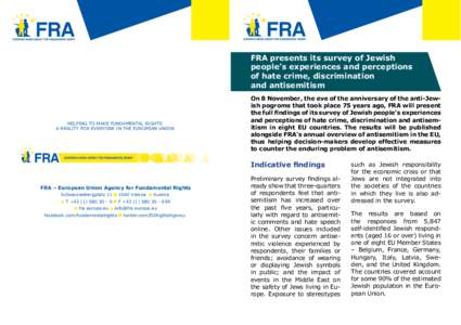FRA presents its survey of Jewish people’s experiences and perceptions of hate crime, discrimination and antisemitism  Helping to make fundamental rights