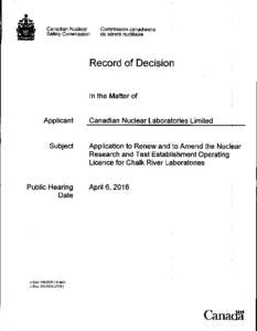 Record of Decision - CNL - Chalk River Laboratories