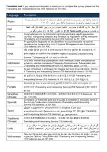 Translated text: If you require an interpreter to assist you to complete the survey, please call the Translating and Interpreting Service (TIS National) onLanguage Arabic Dari
