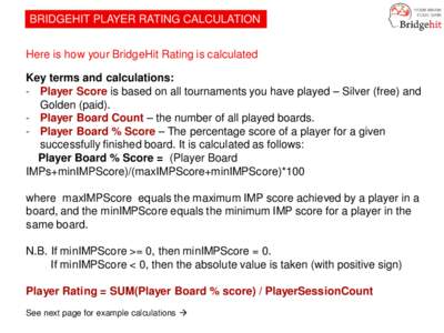 BRIDGEHIT PLAYER RATING CALCULATION Here is how your BridgeHit Rating is calculated Key terms and calculations: - Player Score is based on all tournaments you have played – Silver (free) and Golden (paid). - Player Boa