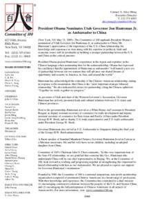 Contact: S. Alice Mong Executive Director TPresident Obama Nominates Utah Governor Jon Huntsman Jr.