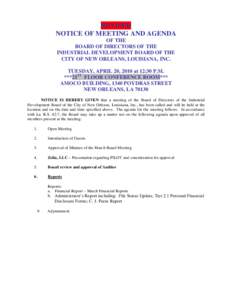 REVISED NOTICE OF MEETING AND AGENDA OF THE BOARD OF DIRECTORS OF THE INDUSTRIAL DEVELOPMENT BOARD OF THE CITY OF NEW ORLEANS, LOUISIANA, INC.