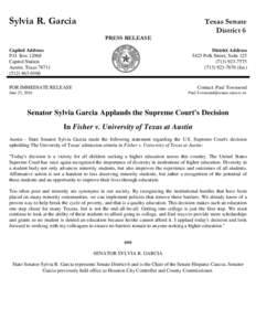 Sylvia R. Garcia  Texas Senate District 6  PRESS RELEASE