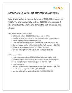 EXAMPLE OF A DONATION TO YANA OF SECURITIES: Mrs. Smith wishes to make a donation of $100,000 in shares to YANA. The shares originally cost her $20,000. She is unsure if she should sell the shares and donate the cash or 