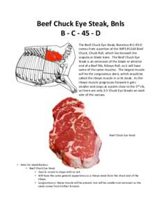Beef	
  Chuck	
  Eye	
  Steak,	
  Bnls	
   B	
  -­‐	
  C	
  -­‐	
  45	
  -­‐	
  D	
   The	
  Beef	
  Chuck	
  Eye	
  Steak,	
  Boneless	
  B-­‐C-­‐45-­‐D	
   comes	
  from	
  a	
  