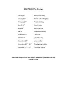 2018 FCAD Office Closings  January 1st New Year Holiday