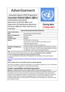 Advertisement Associate Experts (JPO) Programme Associate Political Affairs Officer United Nations Secretariat, Department of Political Affairs and