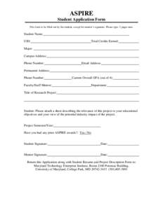 ASPIRE Student Application Form This form to be filled out by the student, except for mentor’s signature. Please type. 2 pages max. Student Name: UID: