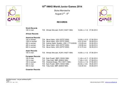 10th IWAS World Junior Games 2014 Stoke Mandeville August 2nd - 8th RECORDS World Records