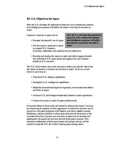 U.S. Objectives for Space  III. U.S. Objectives for Space How the U.S. develops the potential of space for civil, commercial, defense and intelligence purposes will affect the nation’s security for decades to come.