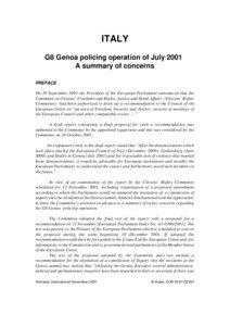 ITALY G8 Genoa policing operation of July 2001 A summary of concerns