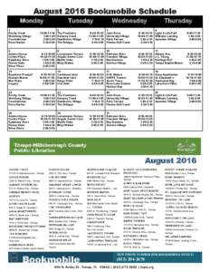 August 2016 Bookmobile Schedule Monday Tuesday  1
