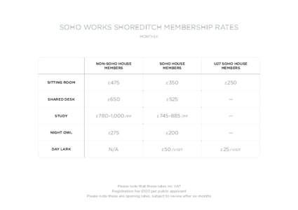 SOHO WORKS SHOREDITCH MEMBERSHIP RATES MONTHLY NON-SOHO HOUSE MEMBERS