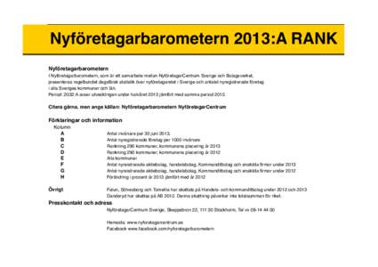 Nyföretagarbarometern 2013:A RANK Nyföretagarbarometern I Nyföretagarbarometern, som är ett samarbete mellan NyföretagarCentrum Sverige och Bolagsverket, presenteras regelbundet dagsfärsk statistik över nyföretag